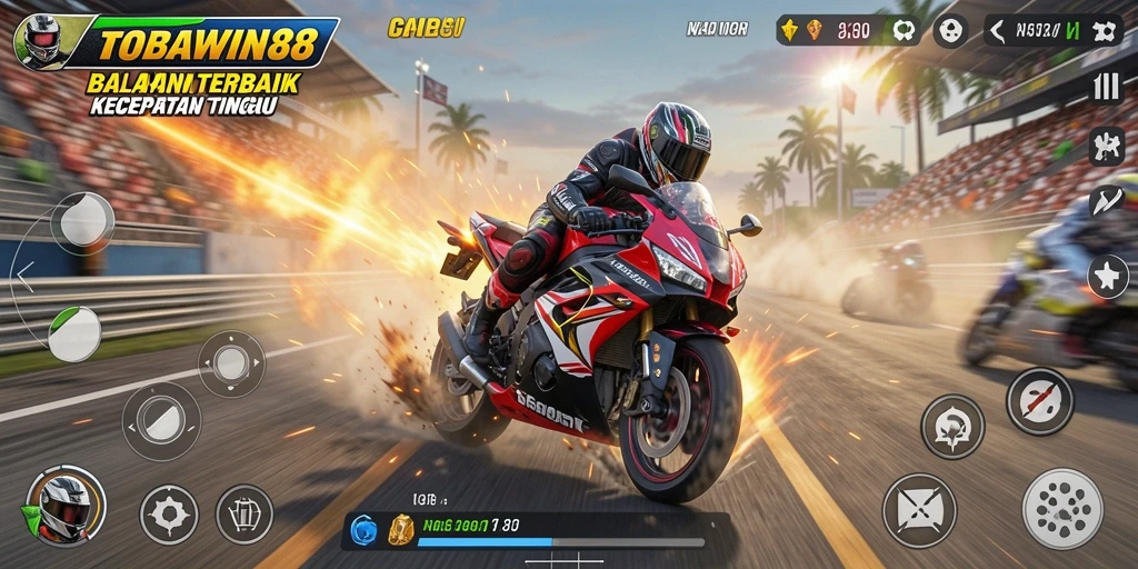 Gameplay menegangkan dalam balapan motor TOBAWIN88 yang seru.